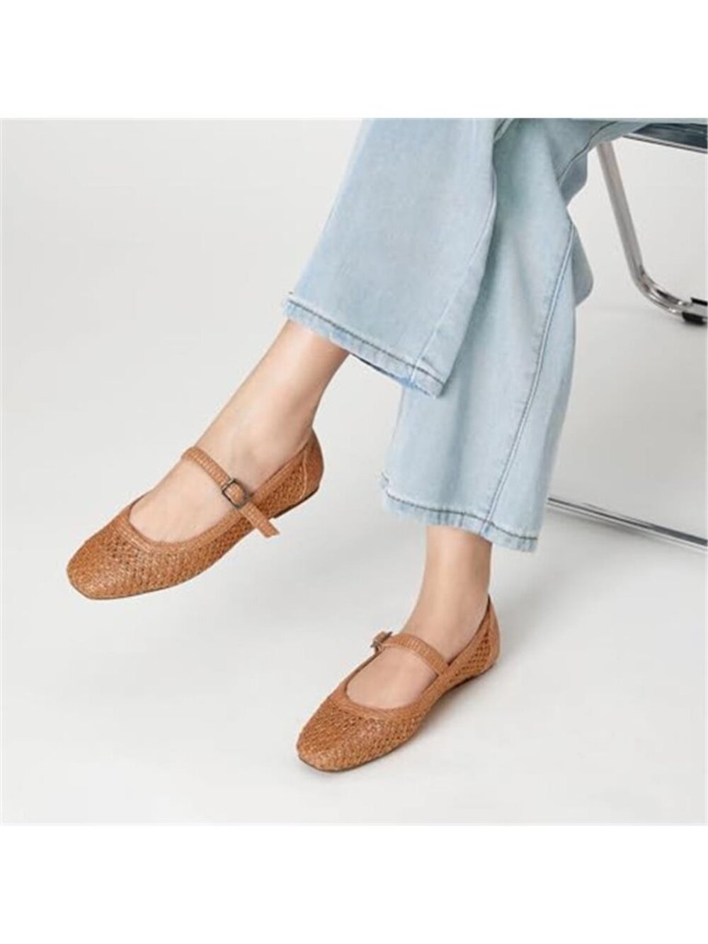 Trary Mary Jane Shoes Women Woven Flats for Women Dressy Ballet Flats Squared - Picture 2 of 7